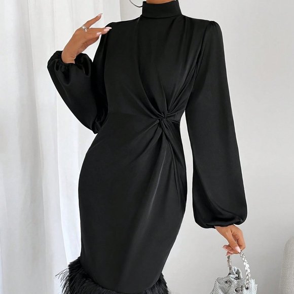 Dresses & Skirts - Black Preppy Womens Twist Front Fuzzy Trim Lantern Sleeve Dress